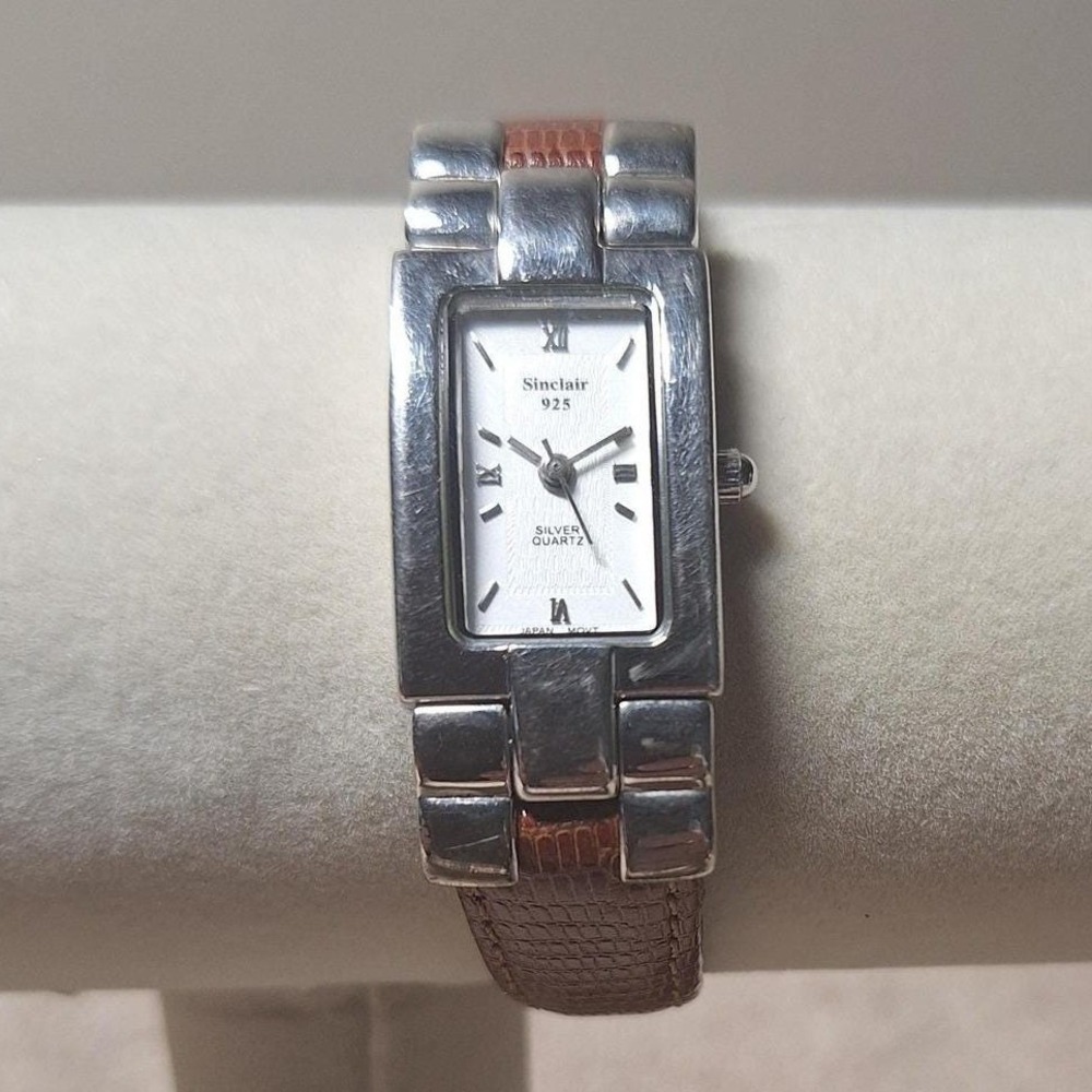 Sterling silver watch brown leather strap rectangle case 7.75 in needs battery